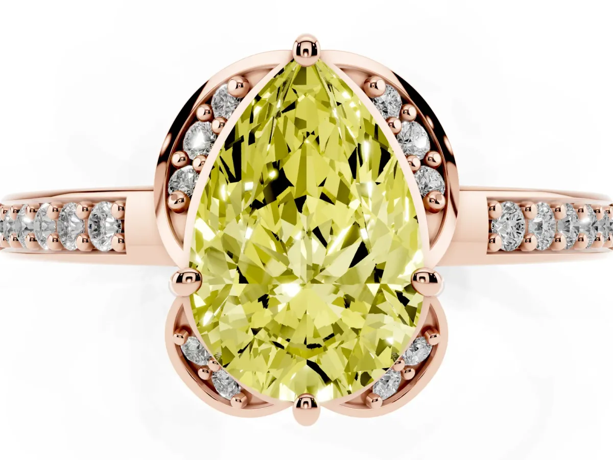 Fancy Yellow Pear Cut Cut Halo Diamond Ring with Channel Set Band and Four-Prong Setting Rose gold