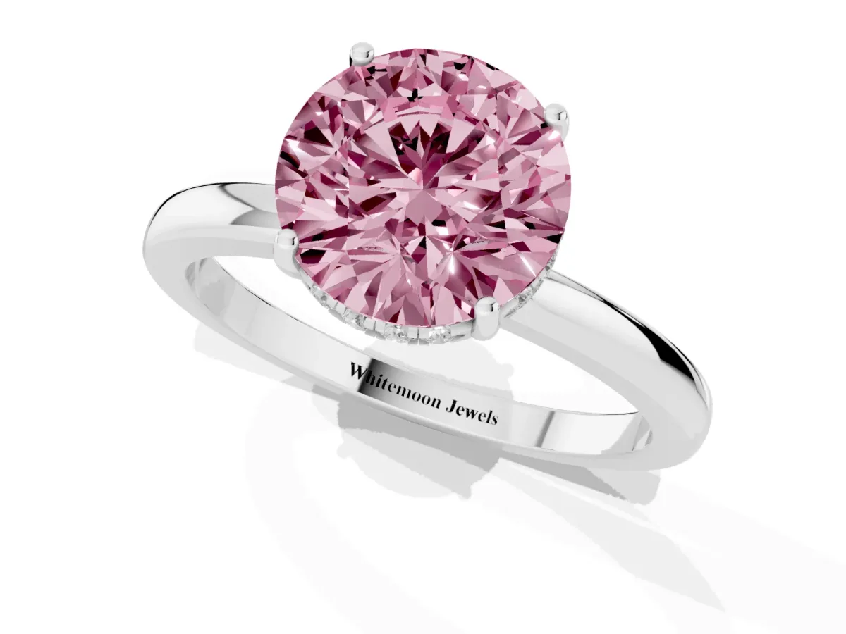 Fancy Pink Round Cut Solitaire Diamond Ring with Prong Setting and Plain Band Silver