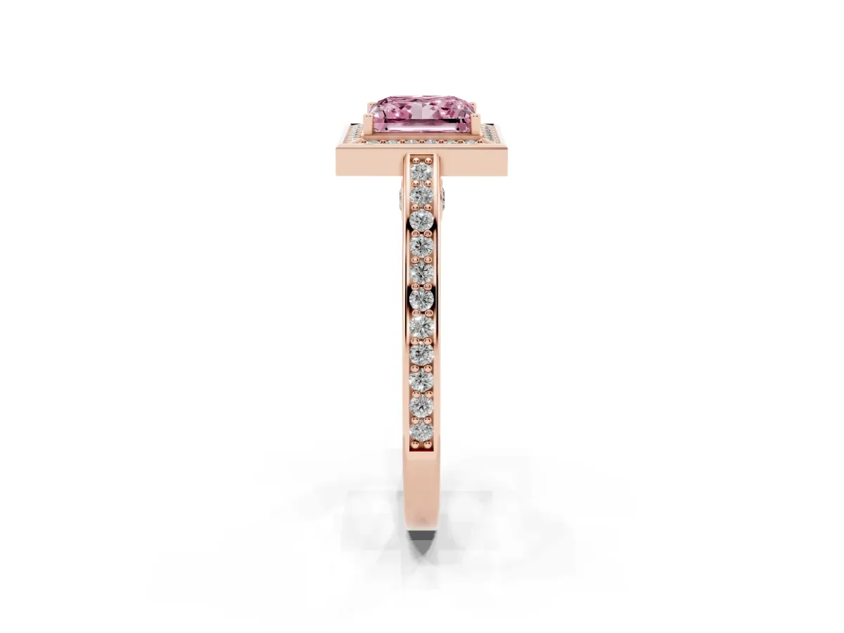 Fancy Pink Princess Cut Cut Halo Pave Split Shank Prong Setting Ring Rose gold
