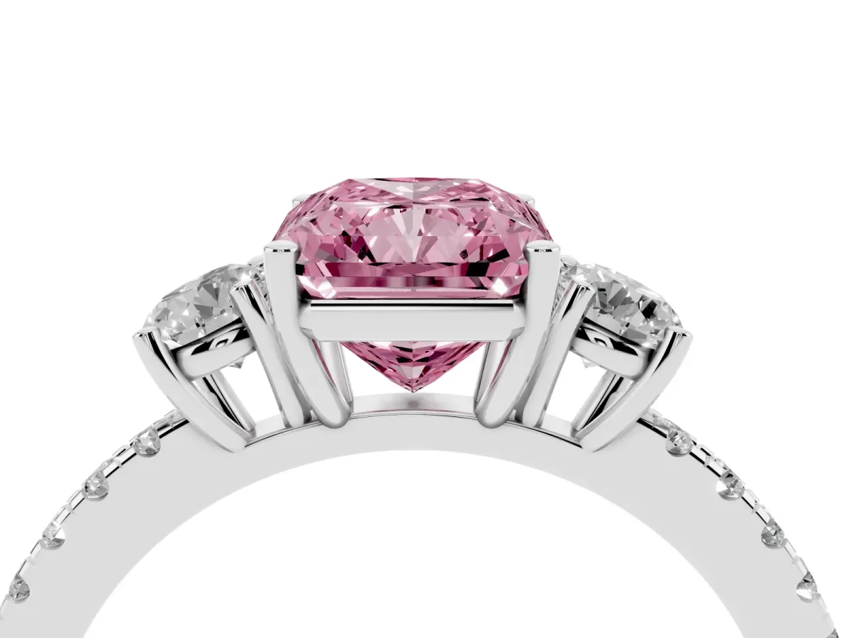 Fancy Pink Three-Stone Radiant Cut Cut Diamond Pavé Band with Prong Setting Silver