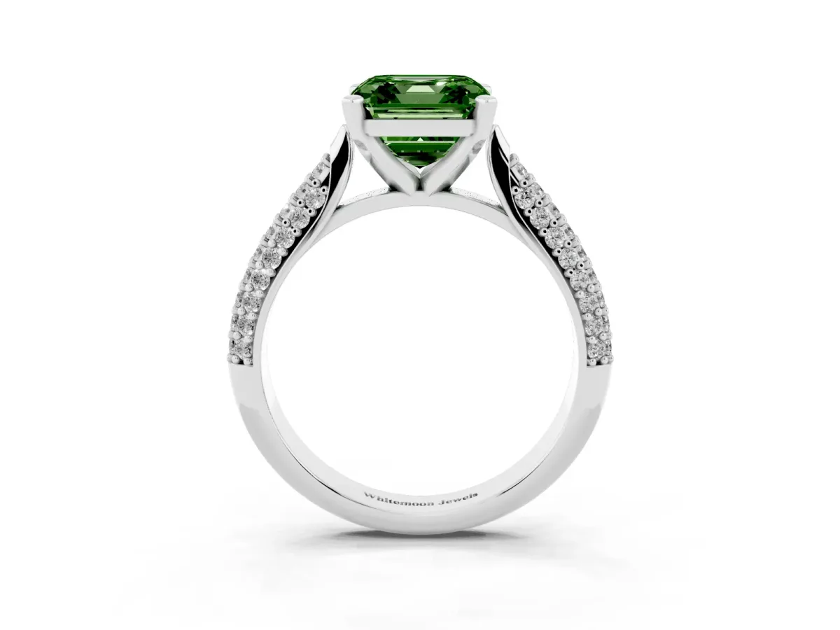 Fancy Green Asscher Cut Diamond Solitaire Engagement Ring with Multi-Row Round Pavé Band and Prong Setting Silver