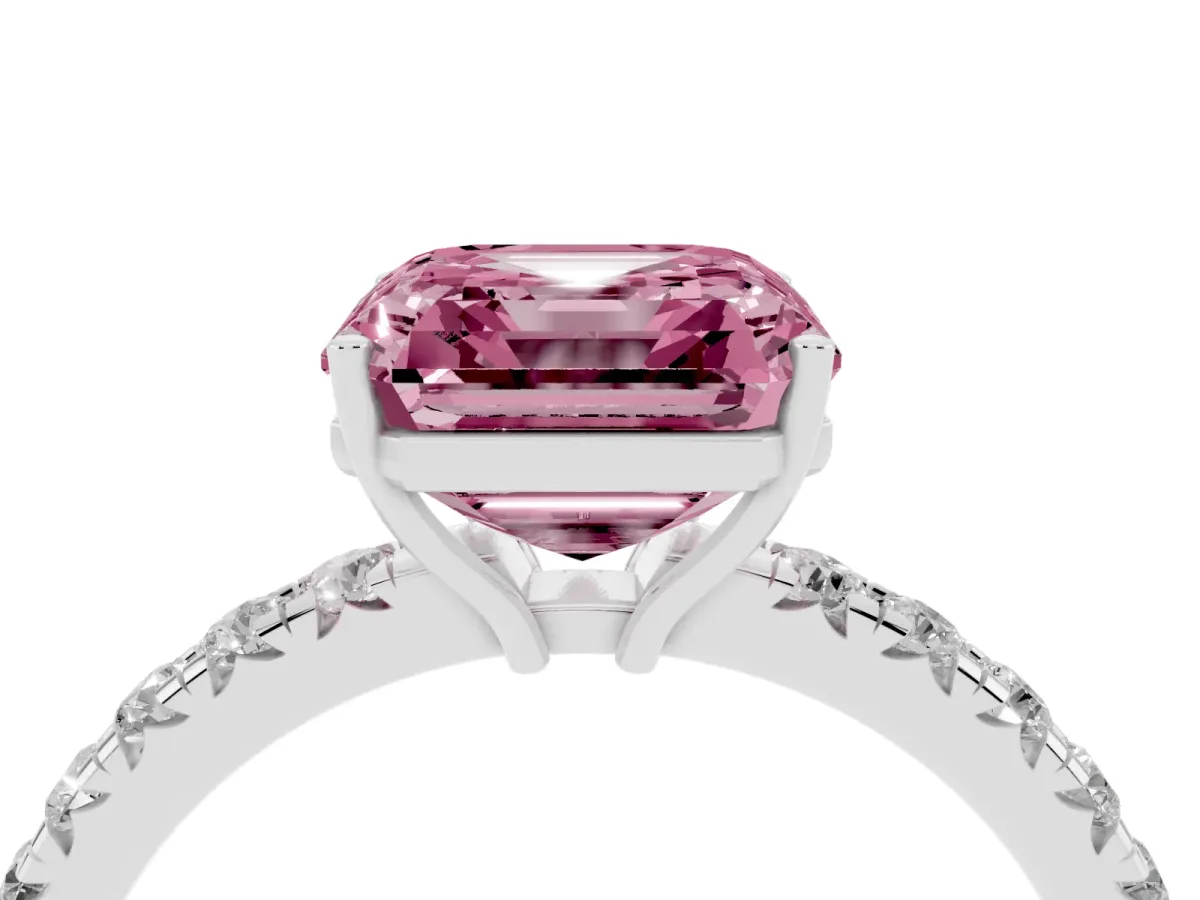 Fancy Pink Asscher Cut Diamond Pavé Solitaire Engagement Ring with Four-Prong Setting Silver