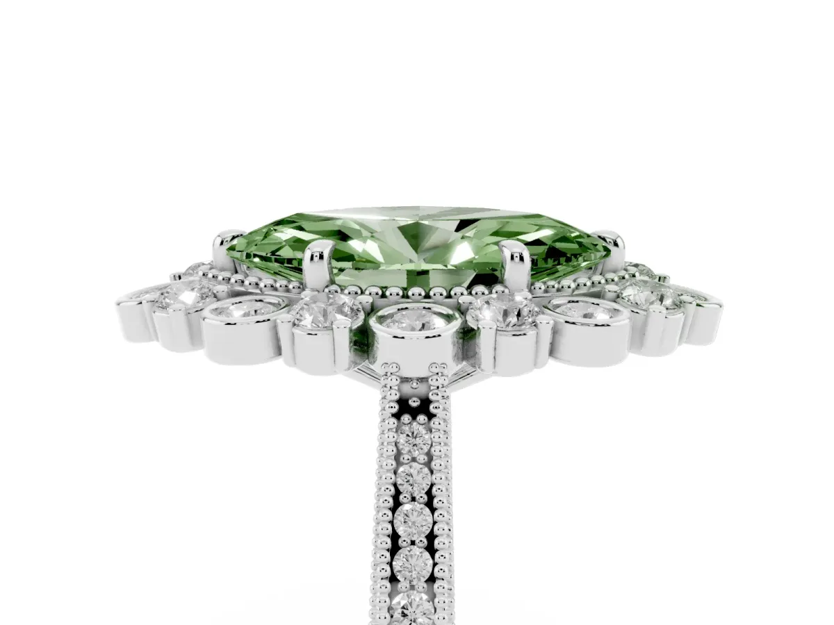Fancy Green Marquise Cut Halo Milgrain Pave Diamond Ring with Four-Prong Setting White gold