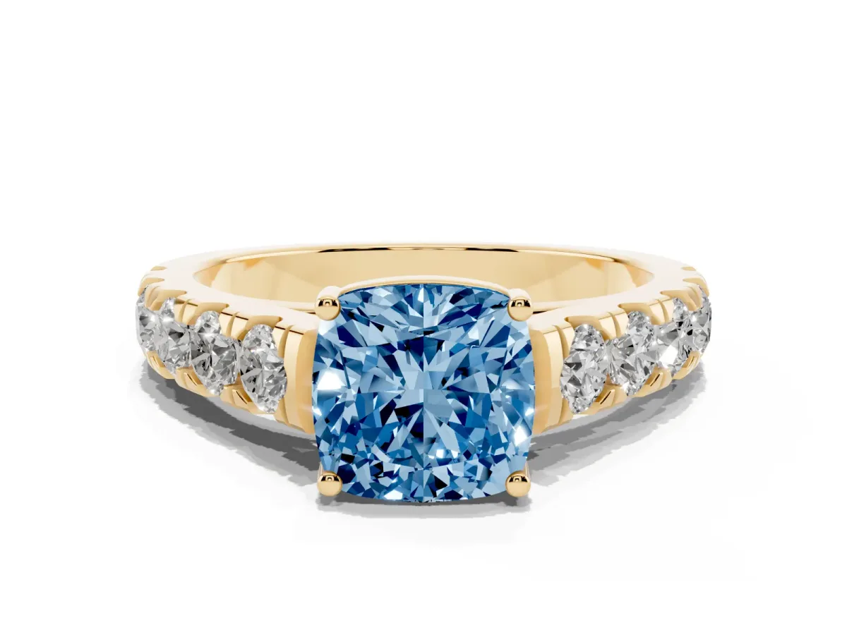 Fancy Blue Cushion Cut Cut Diamond Solitaire Ring with Micro Pave Band and Prong Setting Yellow gold