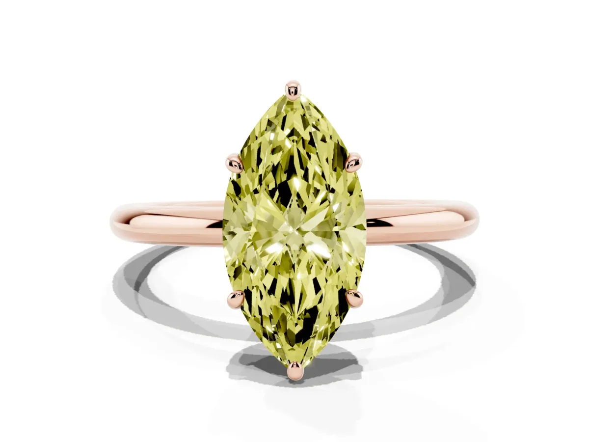 Fancy Yellow Oval Cut Solitaire Diamond Ring with Four-Prong Setting on a Plain Band Rose gold