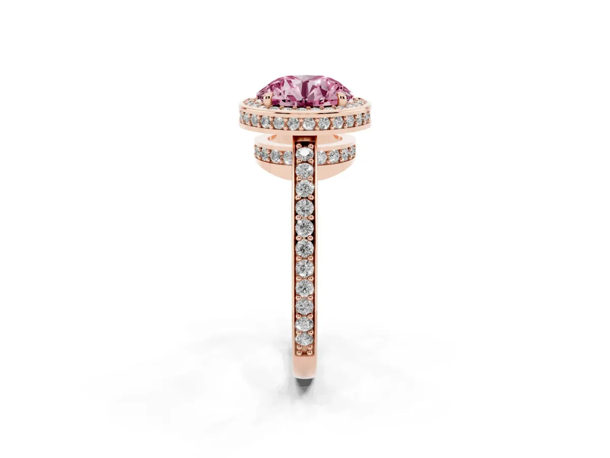 Fancy Pink Round Cut Halo Pave Band Solitaire Ring with Prong Setting Rose gold