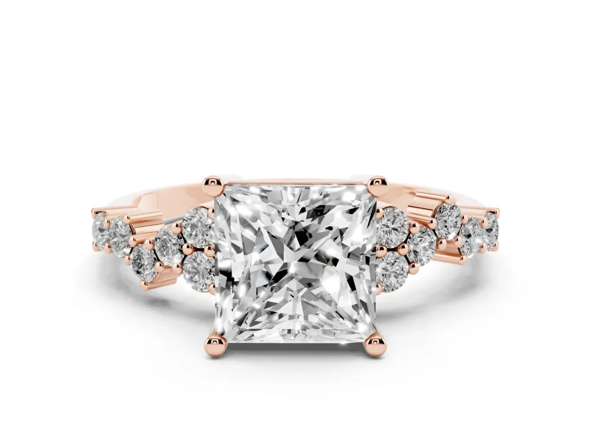 Princess Cut Diamond Scattered Round Accent Ring with Prong Setting Rose gold