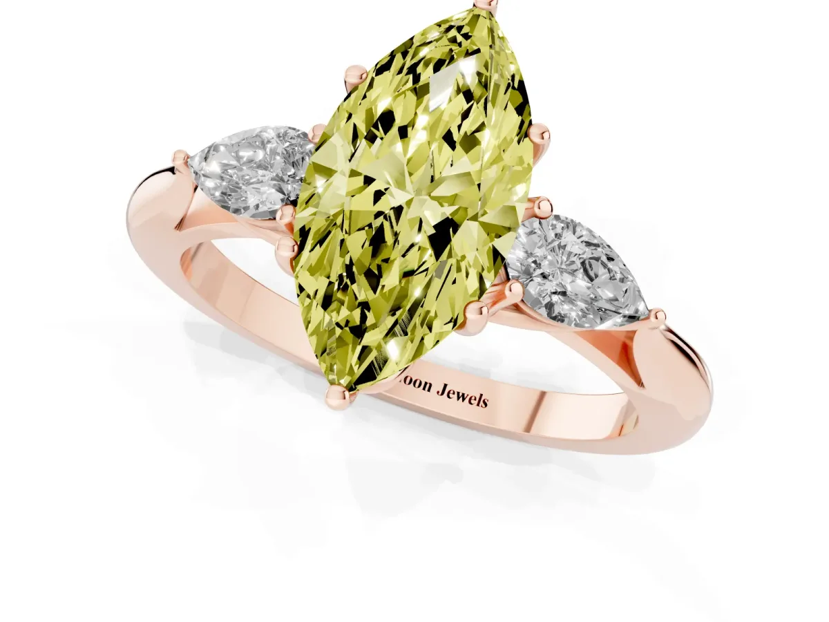 Fancy Yellow Three-Stone Marquise Cut Brilliant Diamond Solitaire Ring with Tapered Band and Four-Prong Setting Rose gold