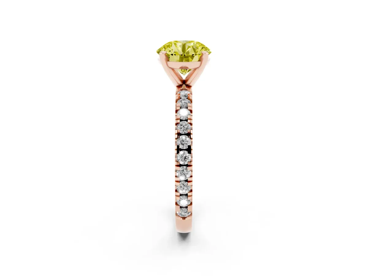 Fancy Yellow Round Cut Diamond Pavé Band Solitaire with Four-Prong Setting Rose gold