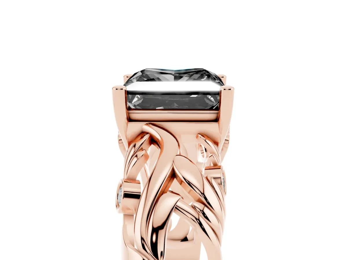 Fancy Black Princess Cut Solitaire Diamond Leaf-Inspired Vine Band Ring with Prong Setting Rose gold