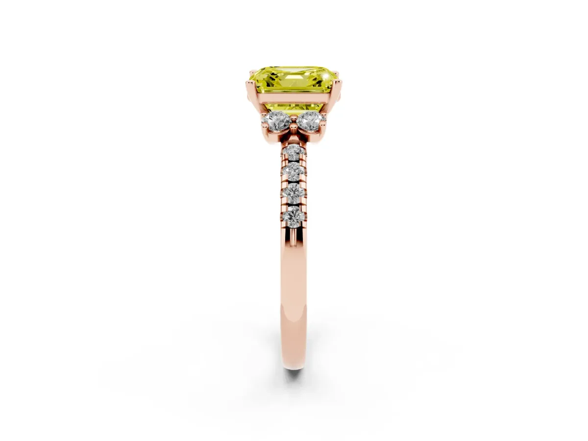 Fancy Yellow Asscher Cut Diamond Three-Stone Pave Band with Four-Prong Setting Rose gold