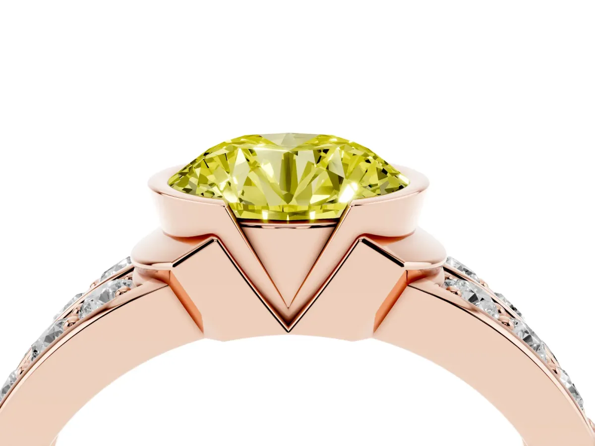Fancy Yellow Round Cut Brilliant Diamond Channel Set Wide Band Ring with Bezel Setting Rose gold