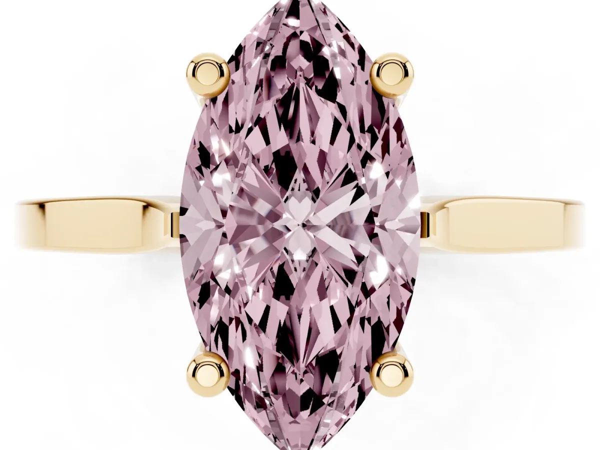 Fancy Pink Marquise Cut Solitaire Diamond Ring with Four-Prong Setting and Tapered Band Yellow gold