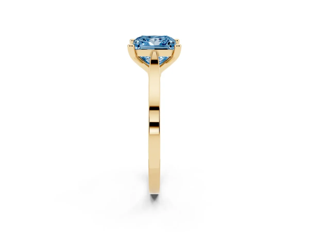 Fancy Blue Princess Cut Solitaire Diamond Ring with Four-Prong Setting and Tapered Band Yellow gold