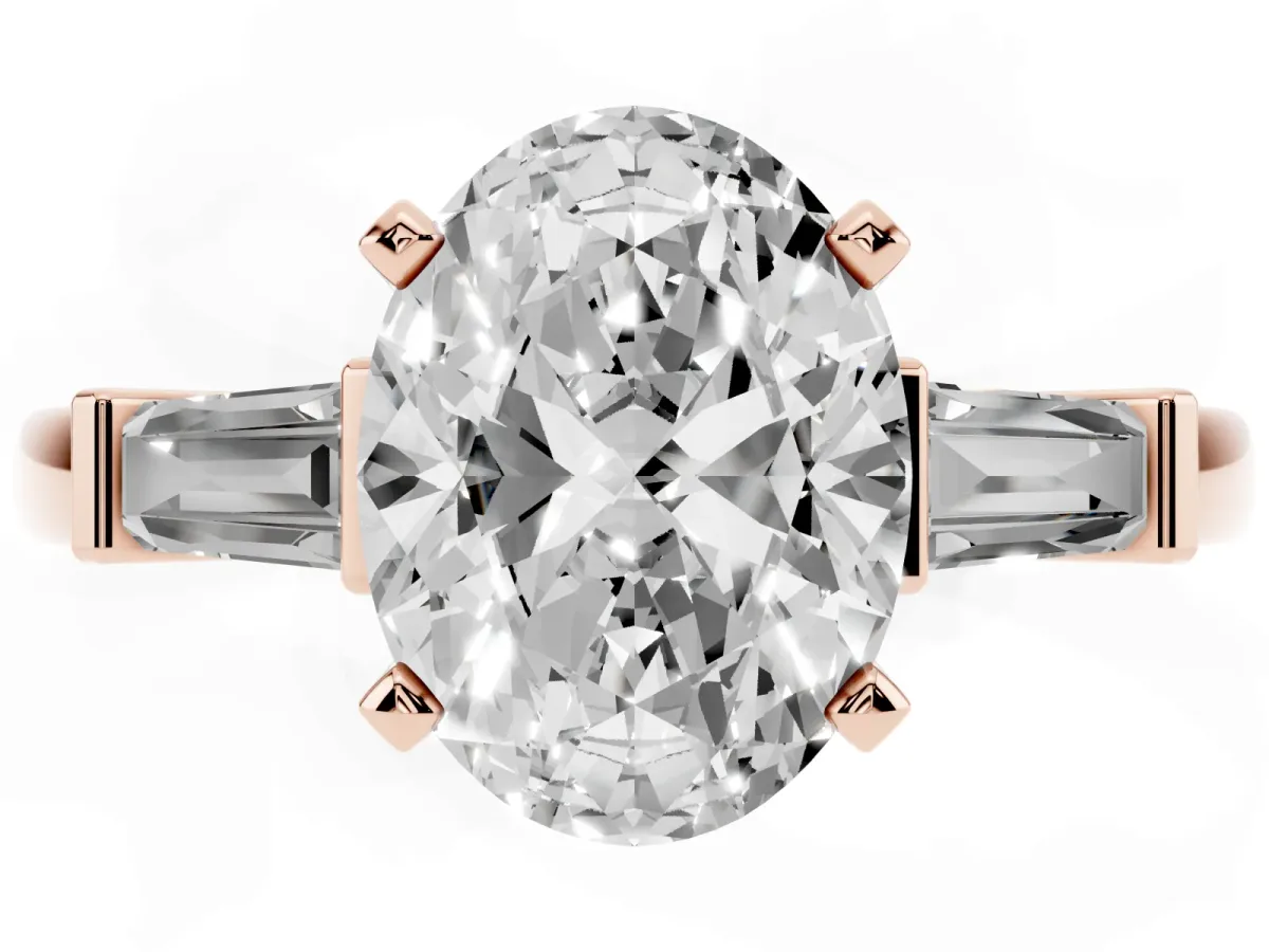 Oval Cut Cut Diamond Solitaire Ring with Tapered Baguette Accents and Four-Prong Setting Rose gold