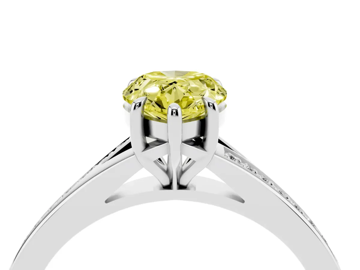 Fancy Yellow Pear Cut Diamond Solitaire Ring with Pavé Band and Prong Setting Silver