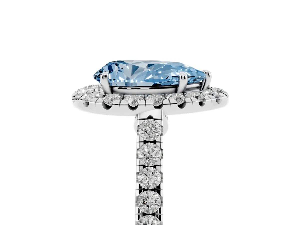 Fancy Blue Pear Cut Halo Pave Diamond Engagement Ring with Four-Prong Setting Silver