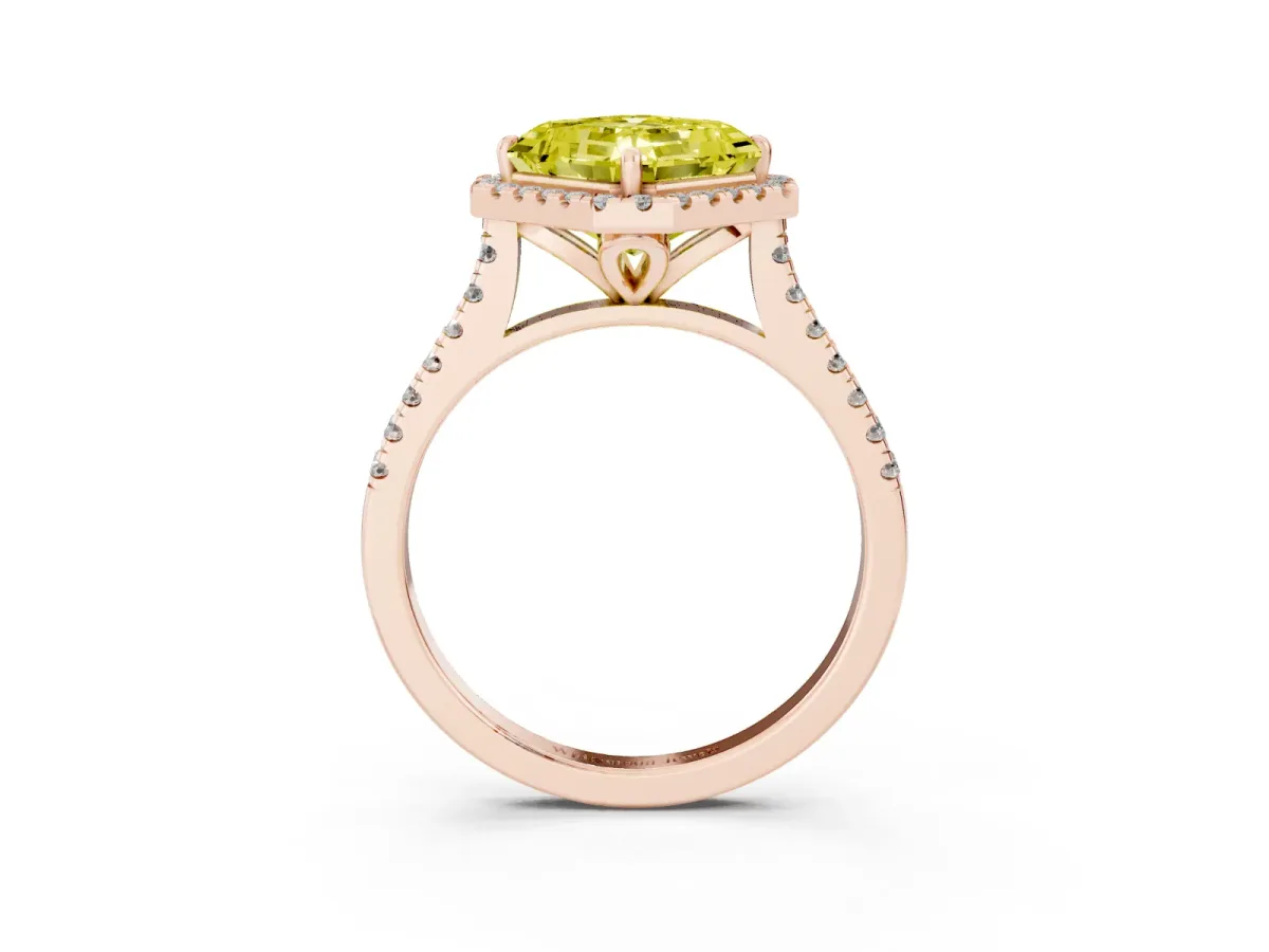 Fancy Yellow Asscher Cut Diamond Cushion Halo Ring with Pavé Band Rose gold