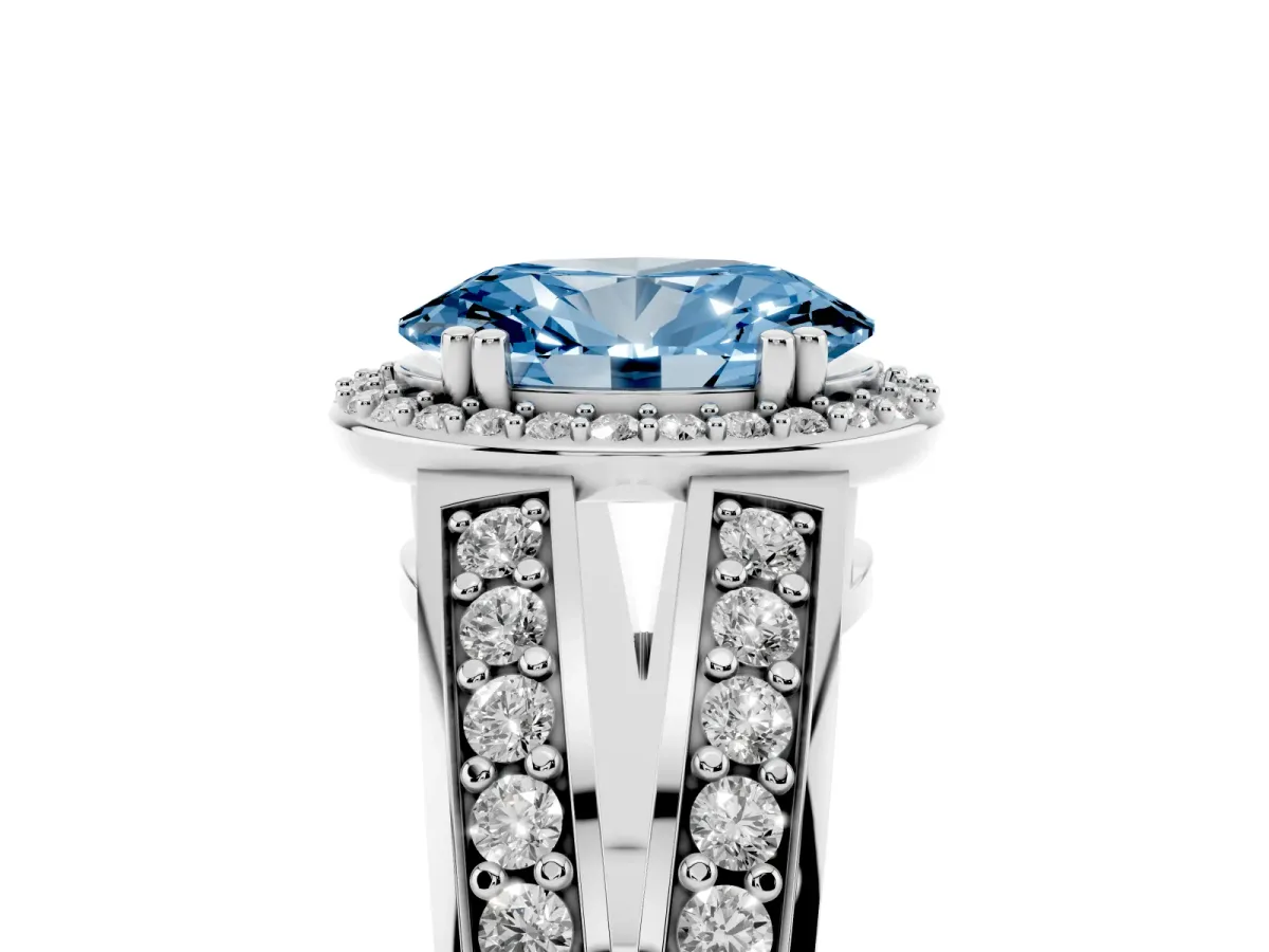 Fancy Blue Oval Cut Diamond Halo Ring with Split Shank Pavé Band and Four-Prong Setting White gold