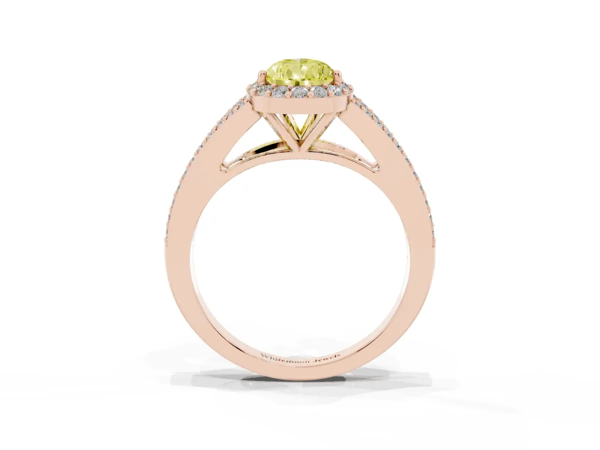 Fancy Yellow Pear Cut Halo Split Shank Diamond Ring with Prong Setting Rose gold
