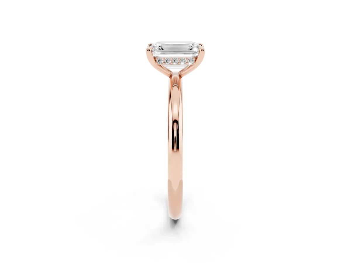 Emerald Cut Diamond Solitaire Ring with Thin Band and Four-Prong Setting Rose gold