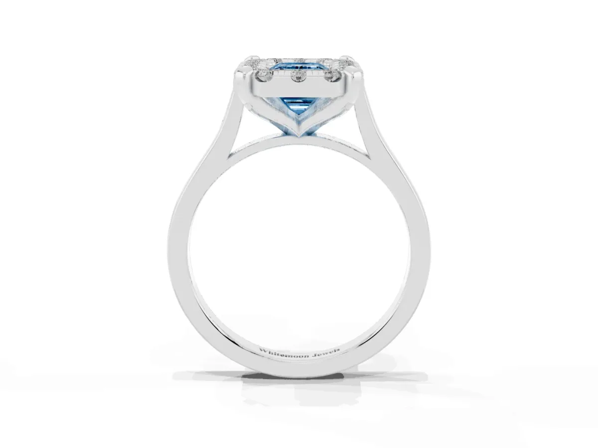 Fancy Blue Emerald Cut Diamond Cluster Halo Solitaire with Four-Prong Setting Platinum