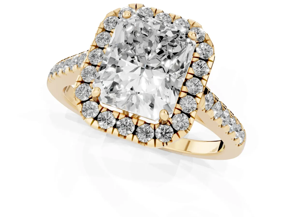 Radiant Cut Halo Pavé Diamond Engagement Ring with Four-Prong Setting Yellow gold