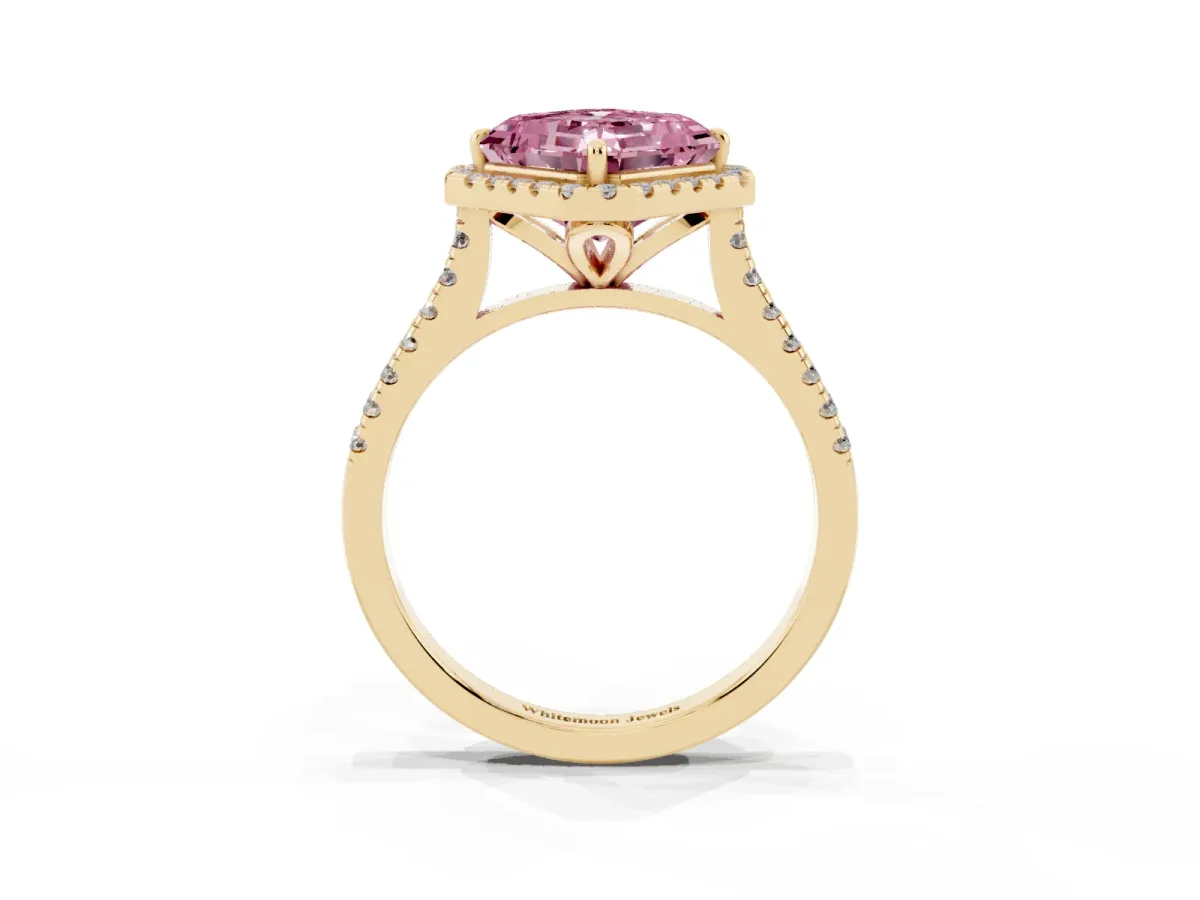 Fancy Pink Asscher Cut Diamond Cushion Halo Ring with Pavé Band Yellow gold