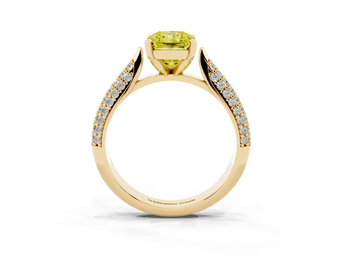Fancy Yellow Radiant Cut Diamond Solitaire Engagement Ring with Multi-Row Round Pavé Band and Prong Setting Yellow gold