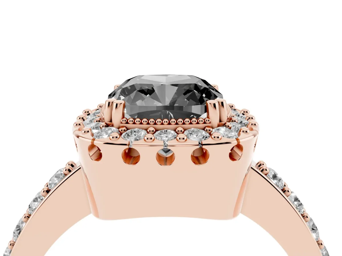 Fancy Black Cushion Cut Diamond Halo Ring with Pavé Band and Prong Setting Rose gold