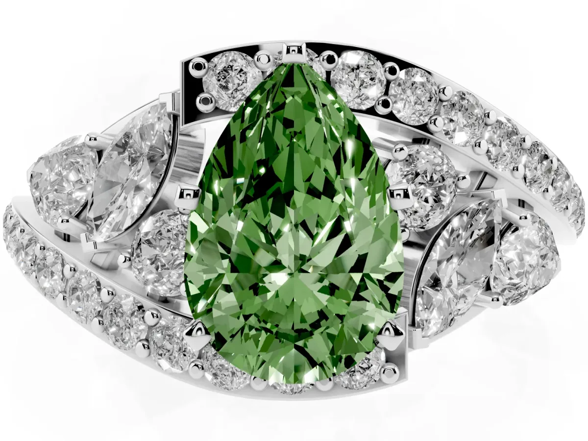 Fancy Green Pear Cut Diamond Halo Ring with Marquise and Pavé Band in Prong Setting Silver