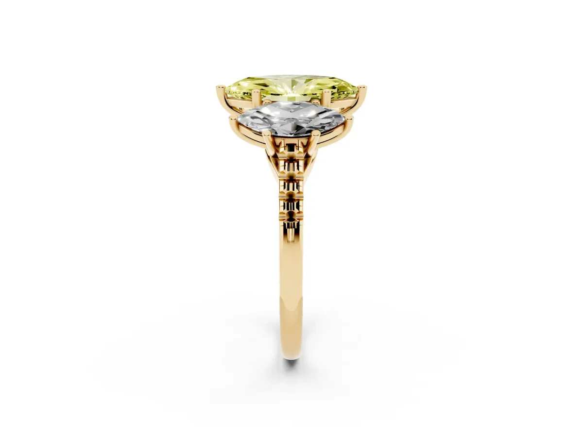 Fancy Yellow Three-Stone Marquise Cut Diamond Ring with Round Pavé Band and Prong Setting Yellow gold