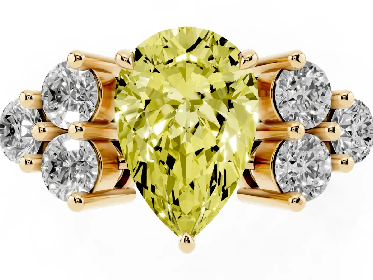 Fancy Yellow Pear Cut Brilliant Diamond Cluster Accent Solitaire Ring with Prong Setting Yellow gold