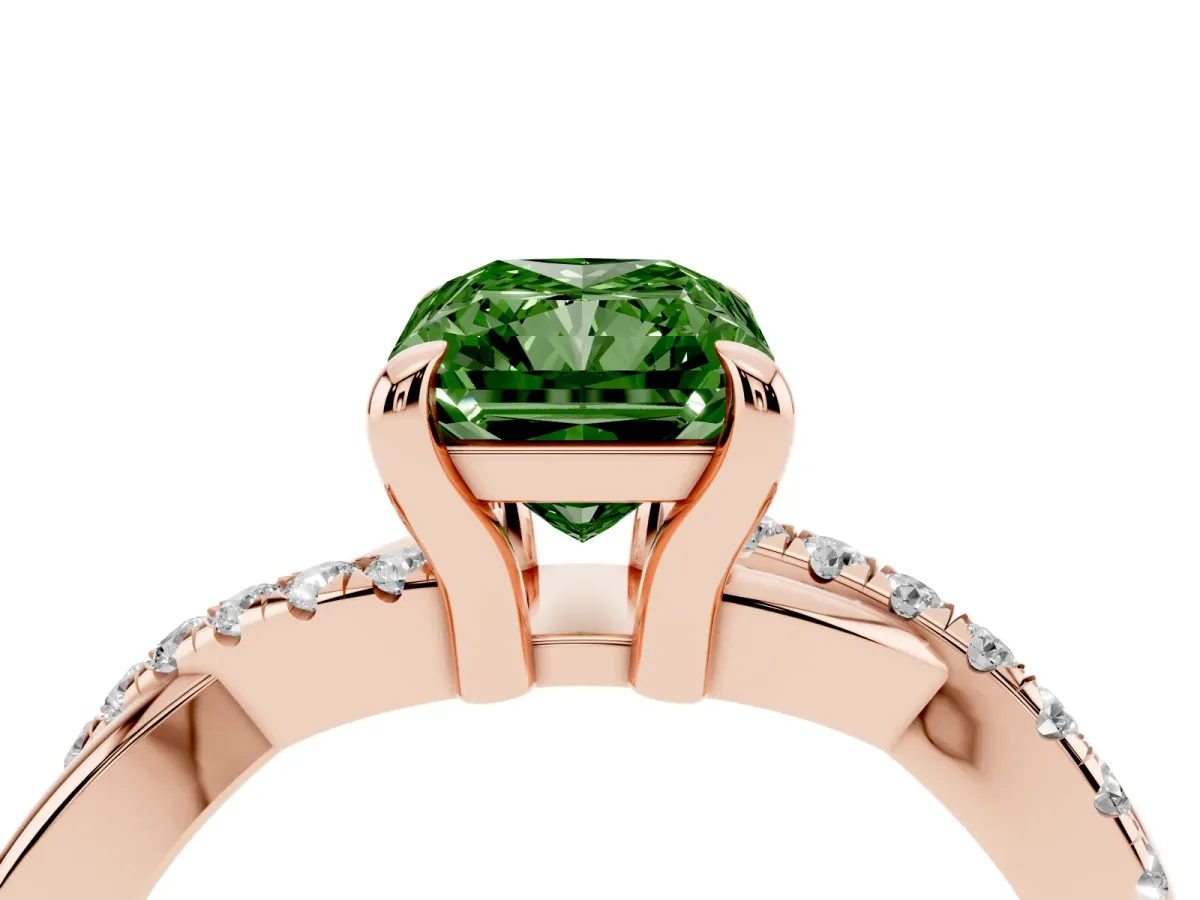 Fancy Green Radiant Cut Cut Diamond Twist Band Solitaire with Prong Setting Rose gold