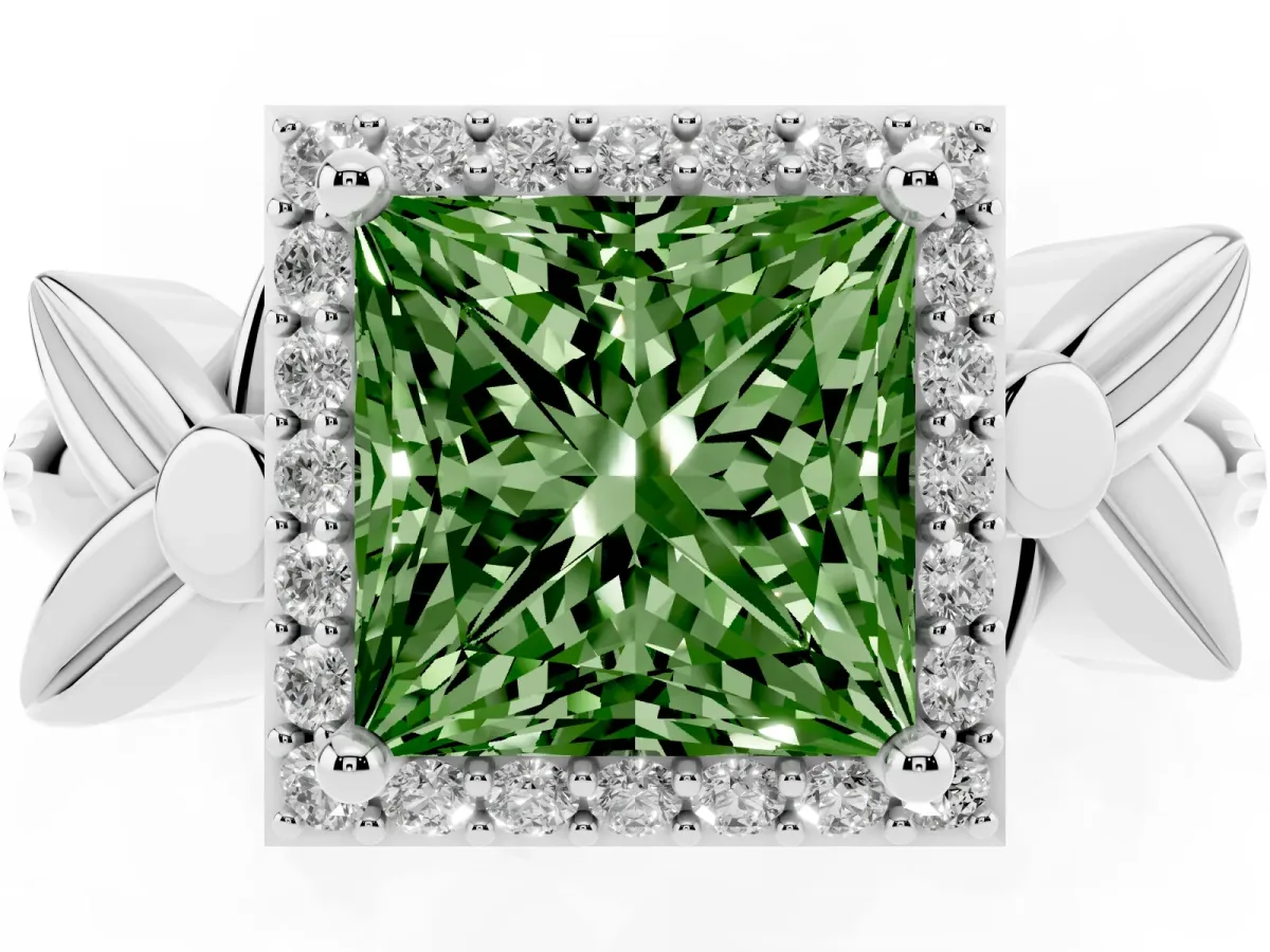 Fancy Green Princess Cut Halo Diamond Floral Band with Four-Prong Setting Silver
