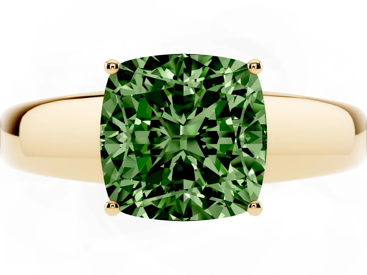 Fancy Green Cushion Cut Solitaire Diamond Ring with Tapered Band and Four-Prong Setting Yellow gold