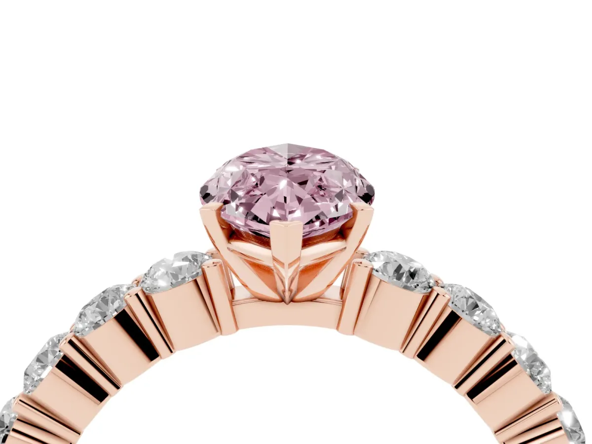 Fancy Pink Marquise Cut Diamond Solitaire Ring with Shared Prong Round Side Stones Rose gold