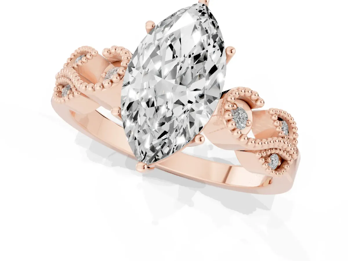 Marquise Cut Solitaire Milgrain Leaf Band with Prong Setting Rose gold