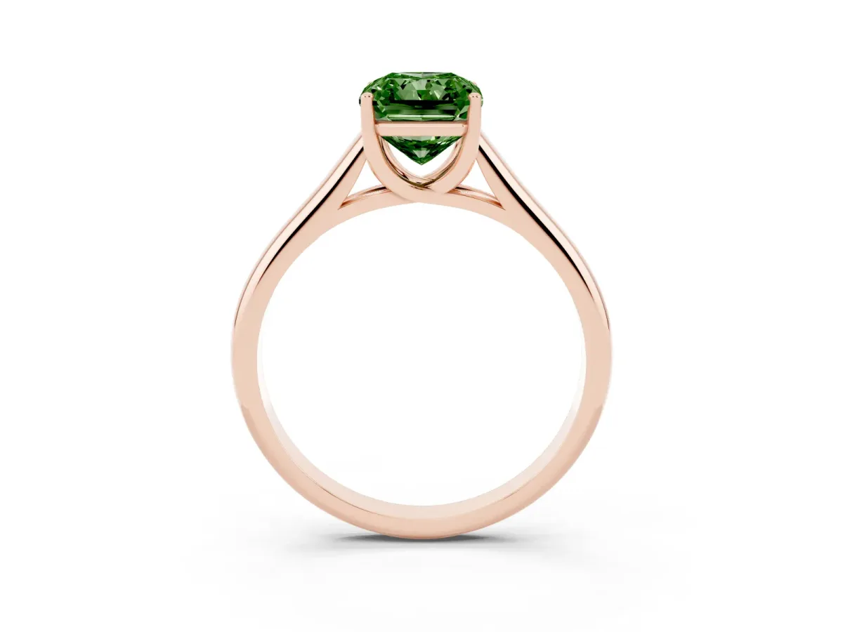 Fancy Green Radiant Cut Solitaire Engagement Ring with Tapered Band and Four-Prong Setting Rose gold