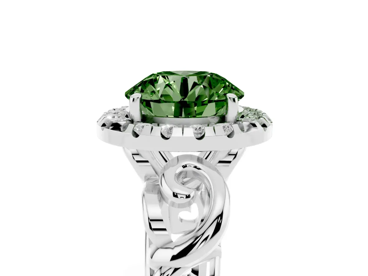 Fancy Green Round Cut Cut Halo Diamond Ring with Scrollwork Band and Four-Prong Setting Silver