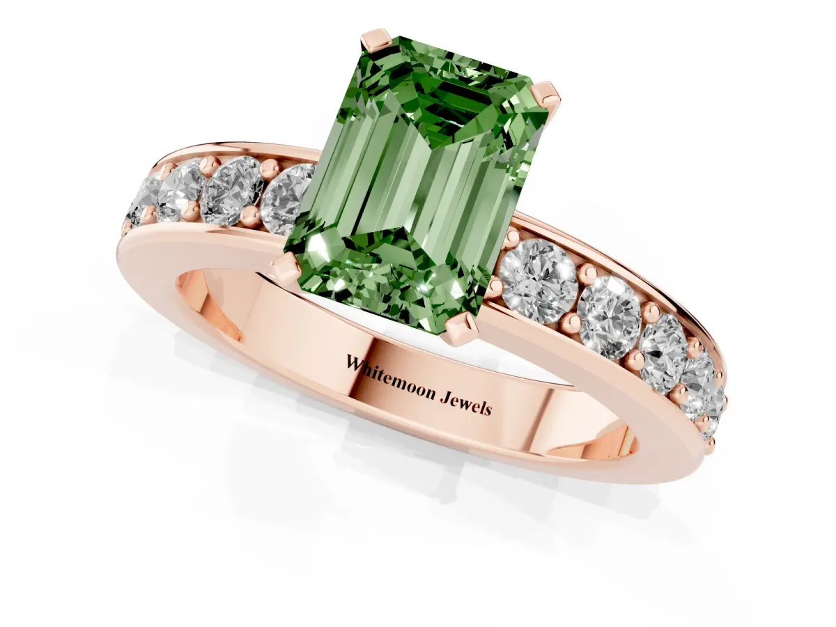 Fancy Green Emerald Cut Diamond Engagement Ring with Channel Set Round Band and Prong Setting Rose gold