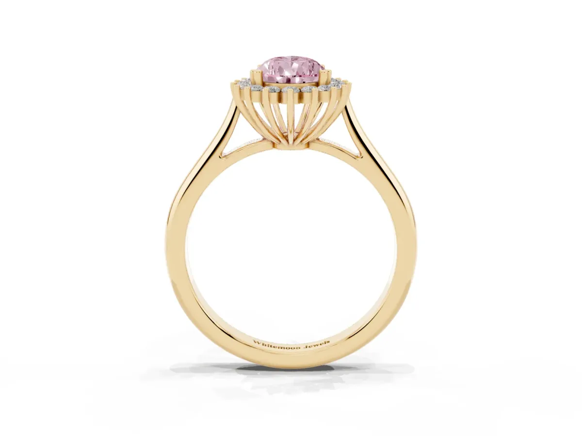 Fancy Pink Pear Cut Cut Diamond Halo Ring with Solitaire Band and Prong Setting Yellow gold