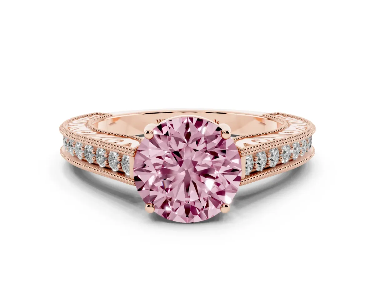 Fancy Pink Round Cut Cut Pave Band Milgrain Solitaire Ring Rose gold