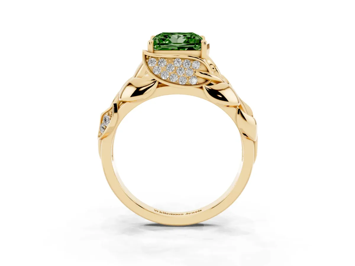 Fancy Green Princess Cut Diamond Leaf-Inspired Engagement Ring with Round Accents and Prong Setting Yellow gold