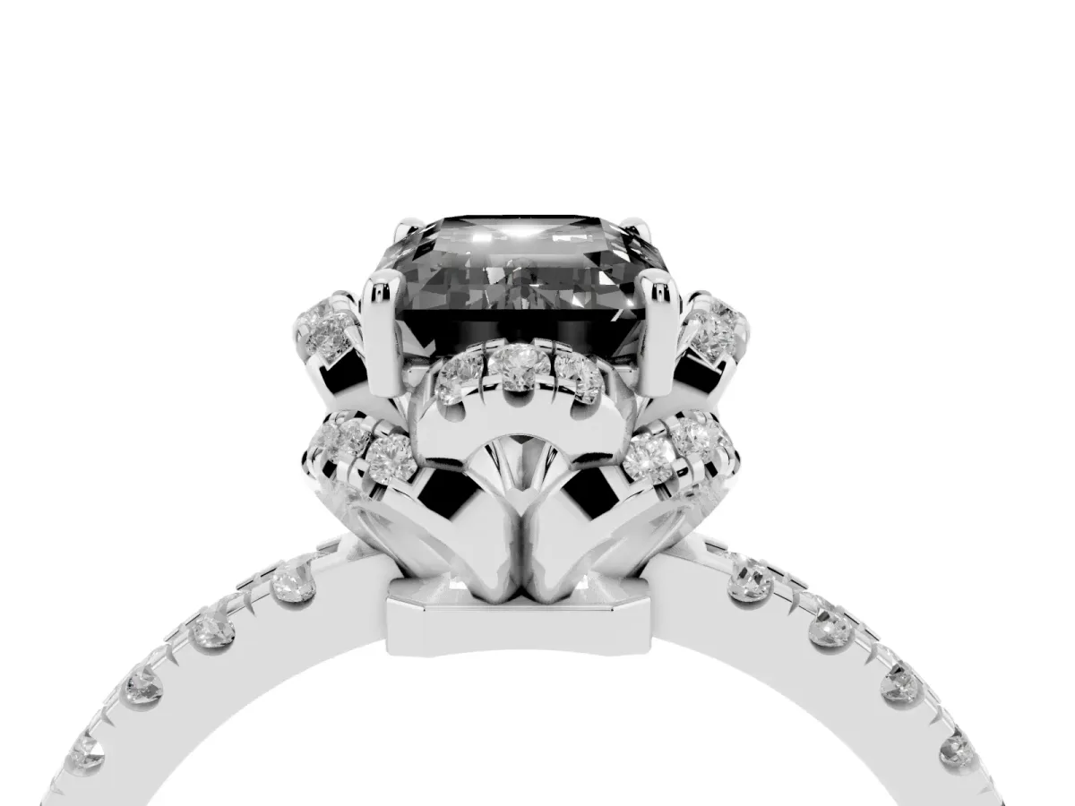 Fancy Black Emerald Cut Diamond Halo Pave Band with Four-Prong Setting Silver