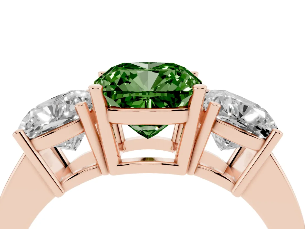 Fancy Green Three-Stone Cushion Cut Cut Diamond Engagement Ring with Flat Band and Four-Prong Setting Rose gold