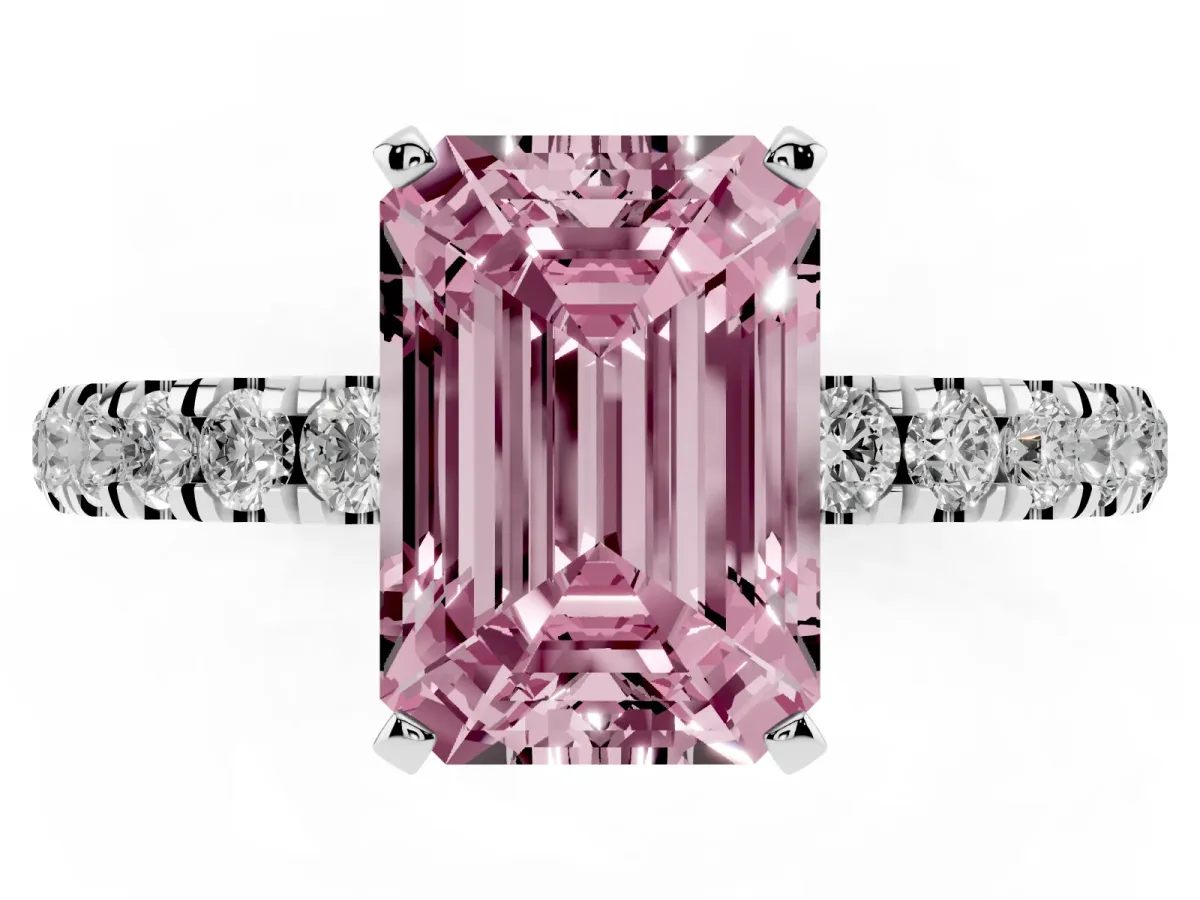 Fancy Pink Emerald Cut Diamond Solitaire Ring with Pavé Accents and Four-Prong Setting Platinum