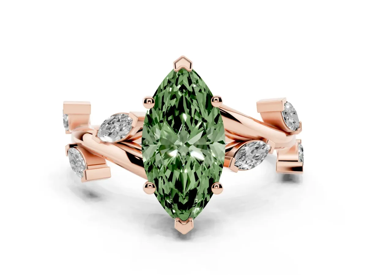 Fancy Green Marquise Cut Solitaire Twisted Band Marquise Accent Prong Setting Ring Rose gold