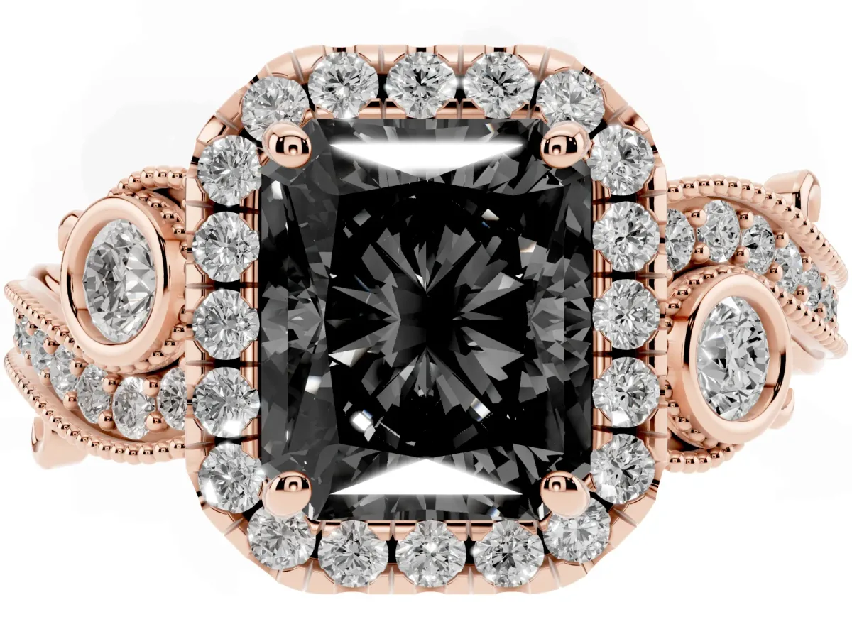 Fancy Black Radiant Cut Halo Diamond Ring with Milgrain and Bezel Accents on a Split Shank Band Rose gold