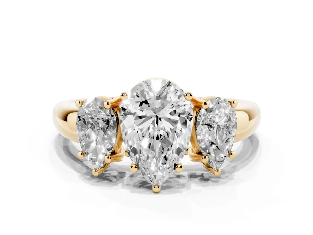 Three-Stone Pear Cut Diamond Engagement Ring with Prong Setting Yellow gold